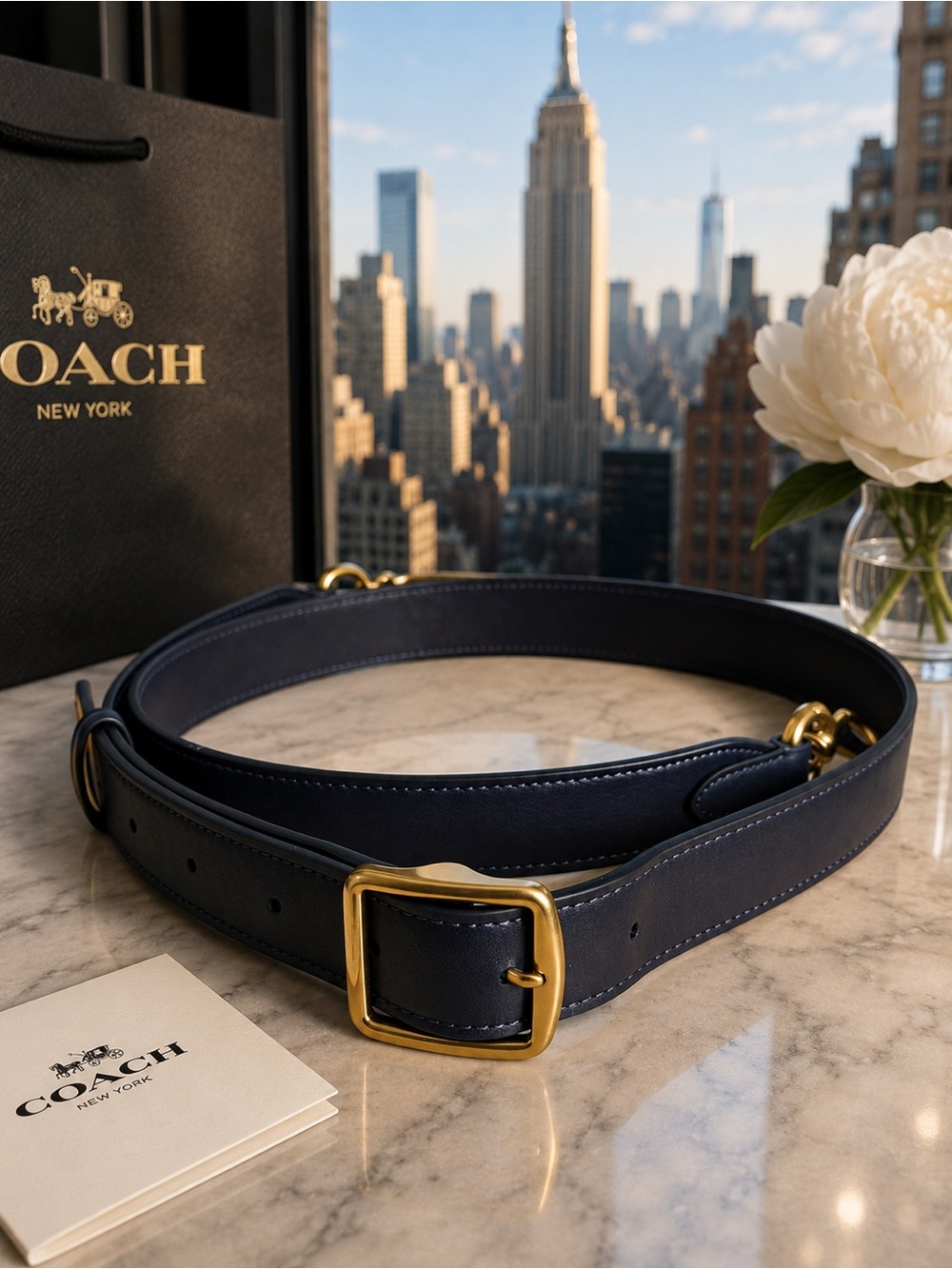 Coach smooth leather belt bag strap Navy with Gold hardware